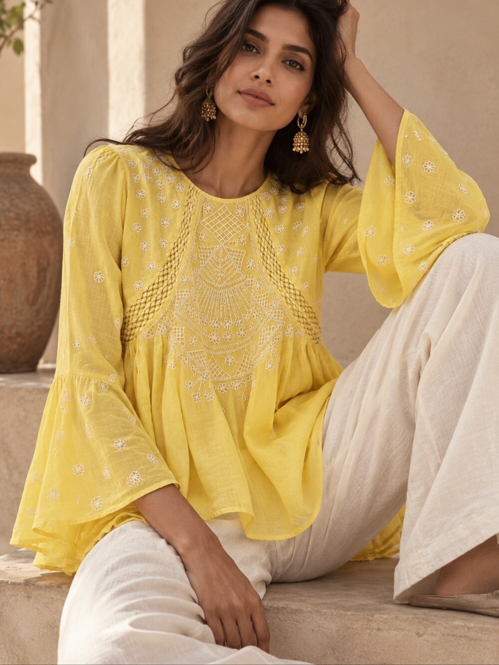 LABEL RITU KUMAR Chanderi Daisy Embroidered Bell Sleeve Blouse Yellow Small